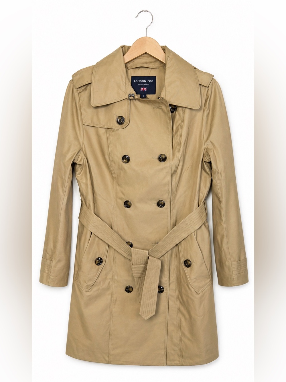 London Fog Tan Trench Coat Belted Double Breasted Classic Chic Coat NWT Small